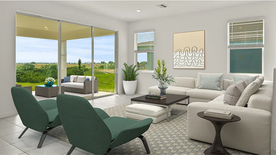 Sala de estar do modelo Summerlin no Wellness Ridge Clermont FL, casa Lennar em Orlando para brasileiros