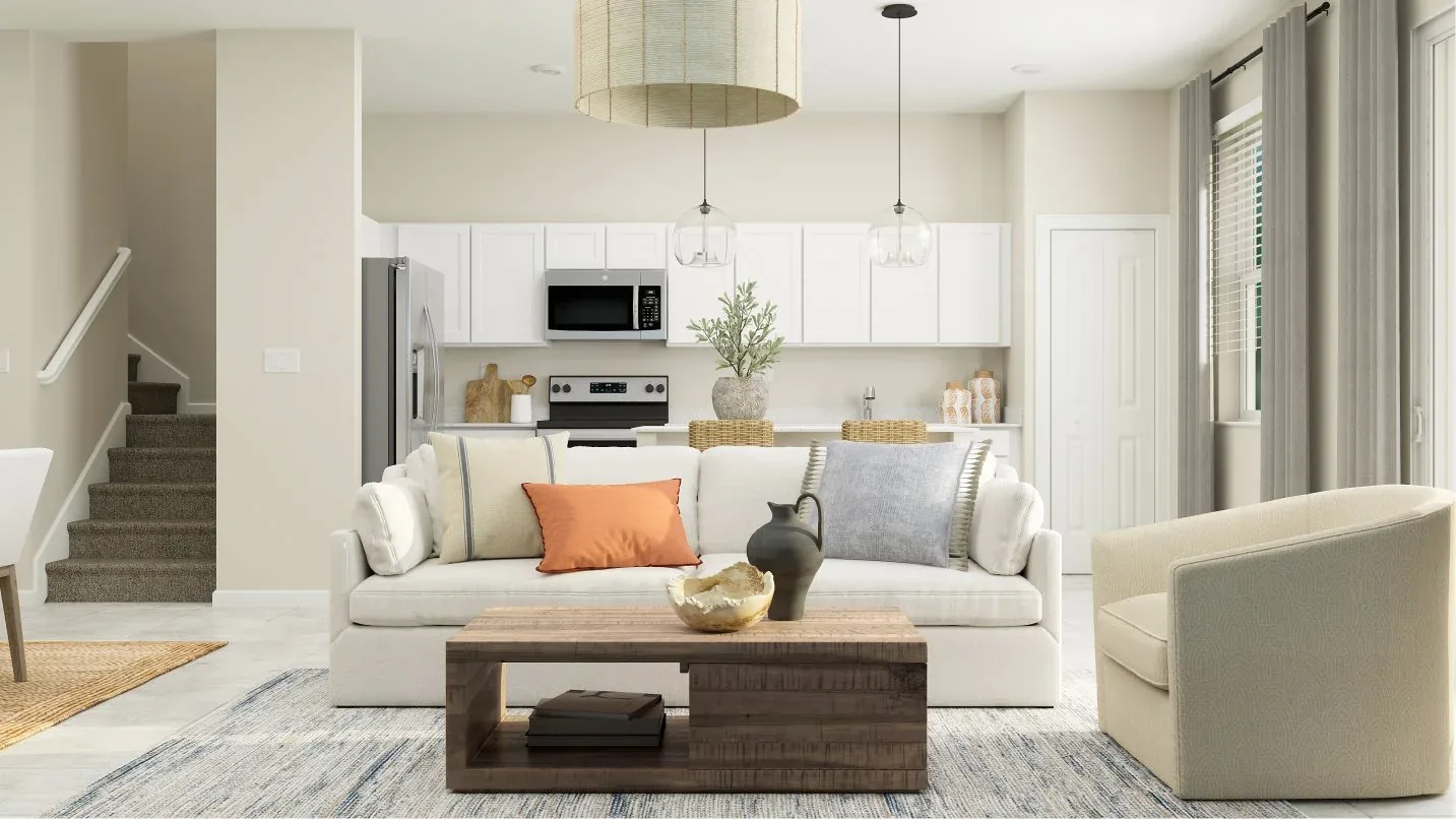 Sala de estar do modelo Amalfi no Wellness Ridge Clermont FL, casa Lennar em Orlando para brasileiros