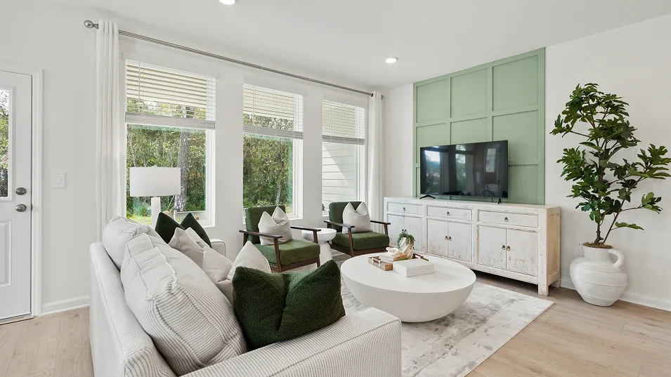 Sala de estar do modelo McCartney no Wellness Ridge Clermont FL, casa Lennar em Orlando para brasileiros