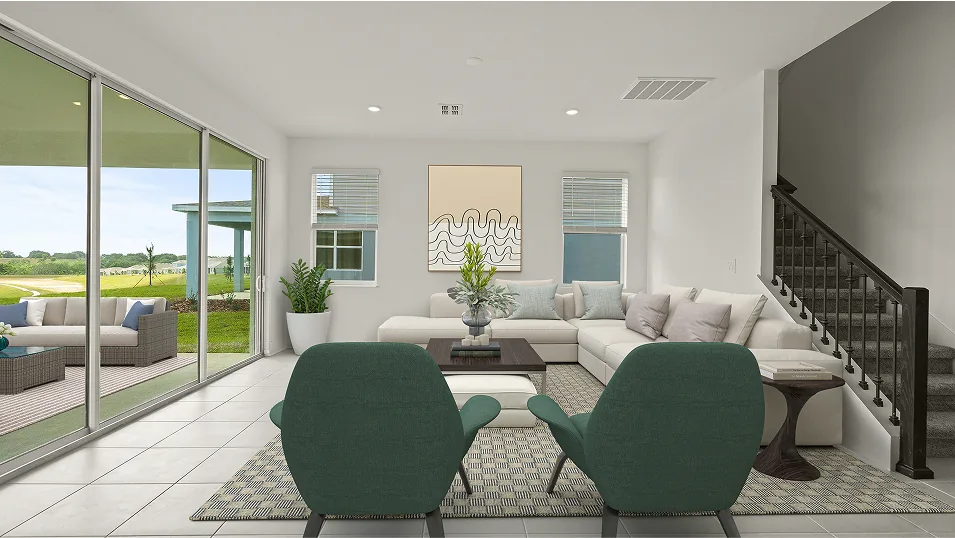 Sala de estar do modelo Summerlin no Wellness Ridge Clermont FL, casa Lennar em Orlando para brasileiros